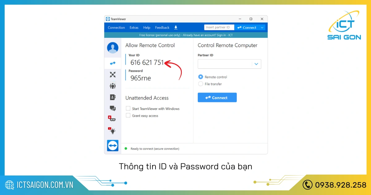 Hình ảnh cung cấp ID và mật khẩu để TeamViewer 14 cho máy tính khác điều khiển