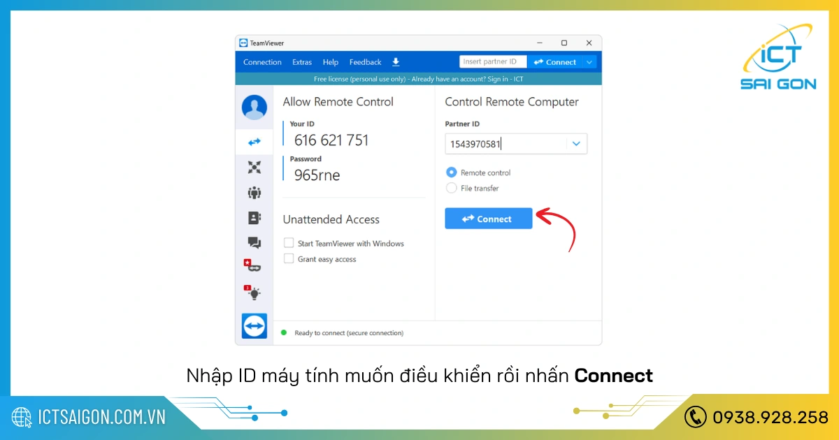 Hình ảnh nhập ID của đối tác để điều khiển máy tính từ xa bằng TeamViewer 14 cho máy tính