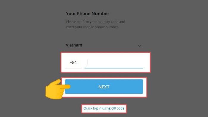Giao diện đăng nhập Telegram bằng số điện thoại trên máy tính.