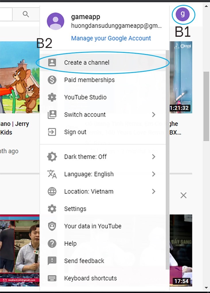 Menu thả xuống trên YouTube sau khi đăng nhập, chọn 'Tạo kênh'.