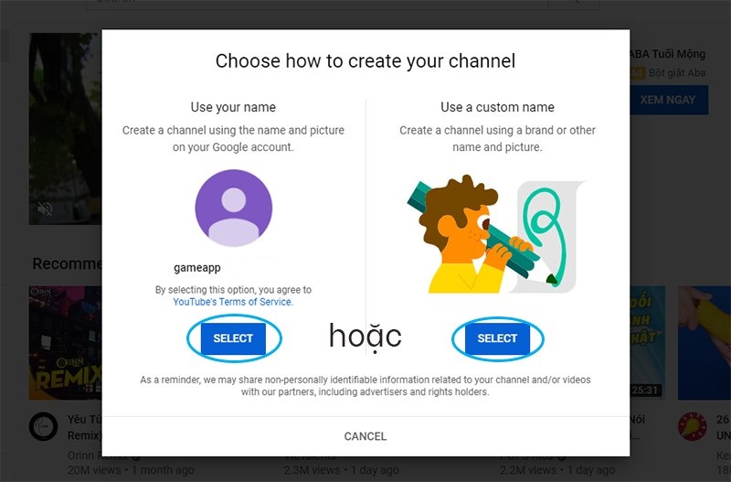 Giao diện lựa chọn loại kênh YouTube: sử dụng tên cá nhân hoặc tên tùy chỉnh.