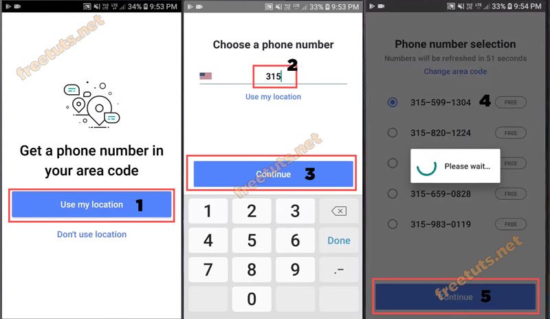chọn mã vùng và số điện thoại TextNow