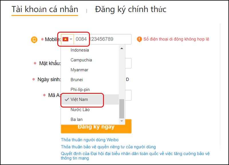 Chọn mã quốc gia Việt Nam để tạo Weibo trên máy tính