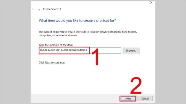 Thao tác trong Create Shortcut