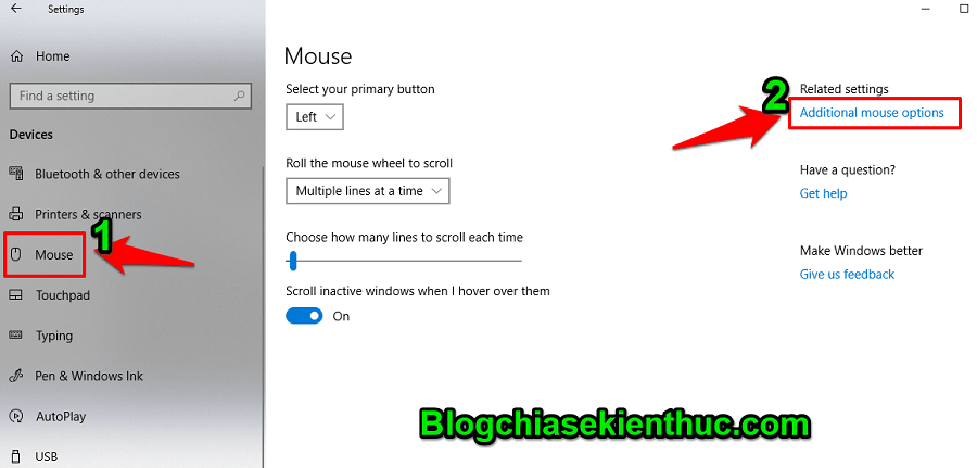Chọn Additional Mouse Options để cài đặt con chuột máy tính