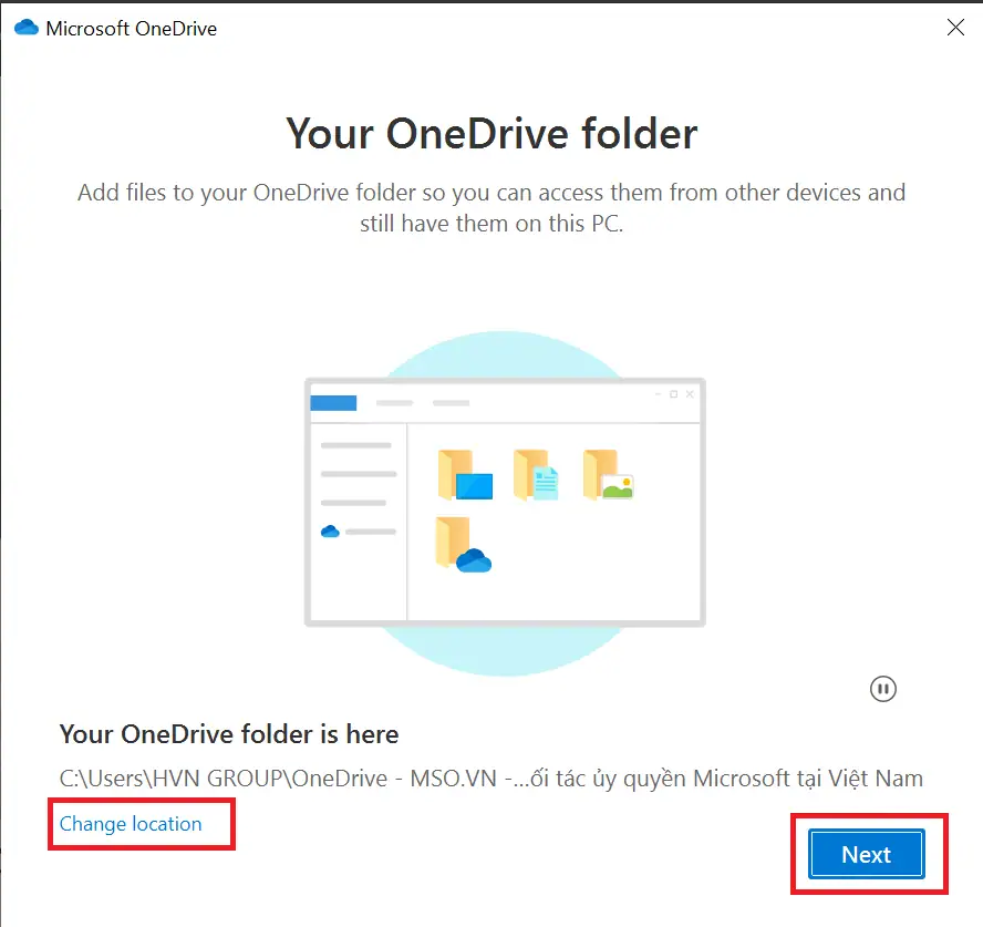 Chọn vị trí thư mục lưu trữ OneDrive