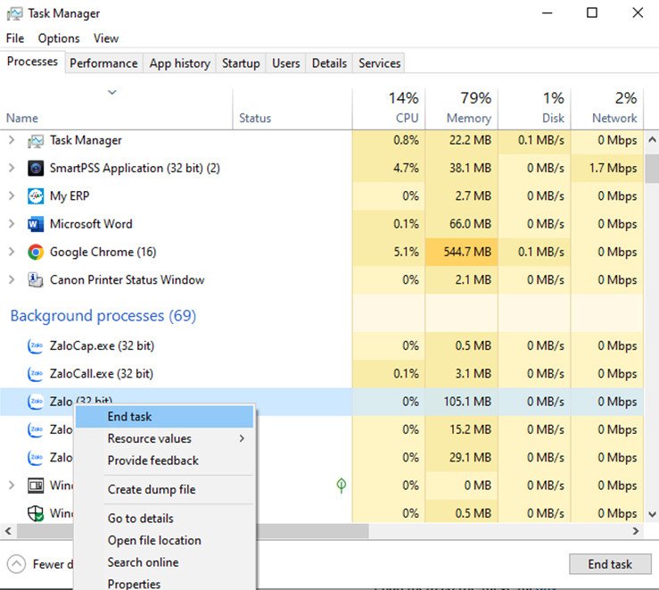 Thoát ứng dụng Zalo trên Task Manager trước khi xử lý vị trí lưu trữ ảnh Zalo