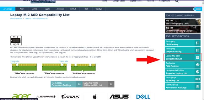 Trang web kiểm tra khả năng hỗ trợ SSD M.2 trên laptop