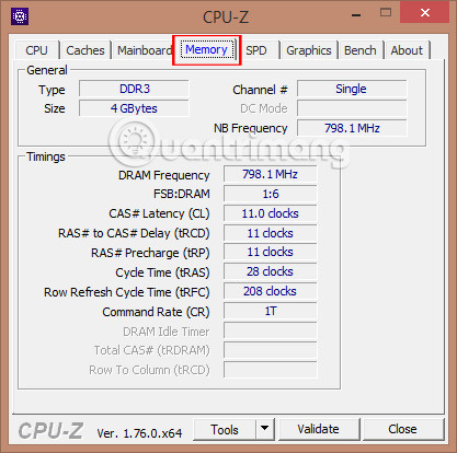 Thông tin Memory trong CPU-Z