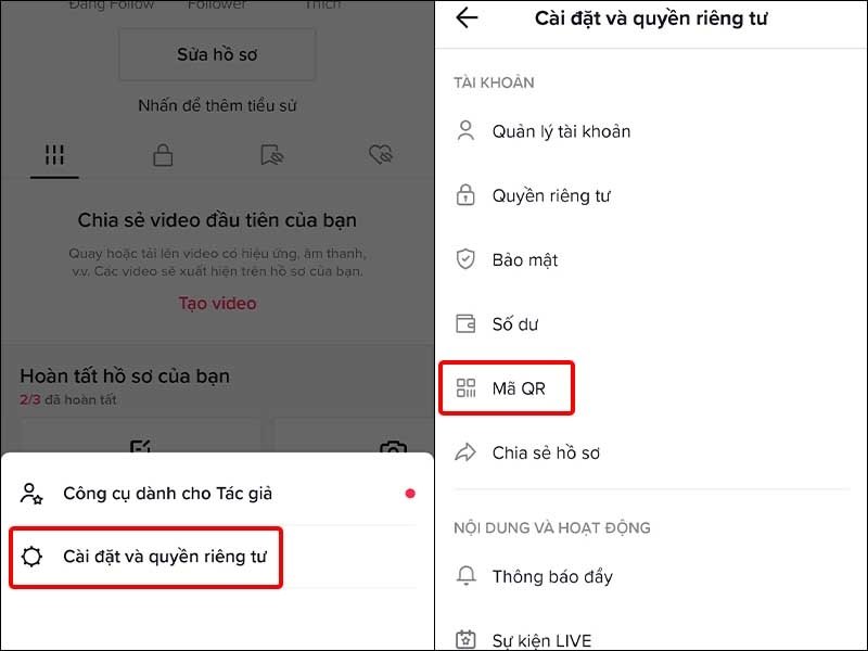 Chọn Cài đặt và quyền riêng tư để quét mã QR TikTok
