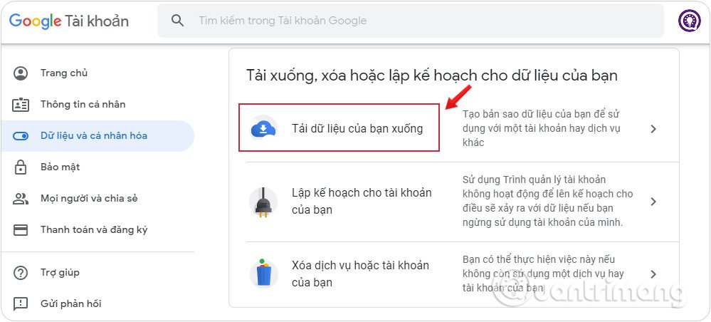 Tìm mục Dữ liệu &amp; Cá nhân hóa trong tài khoản Google