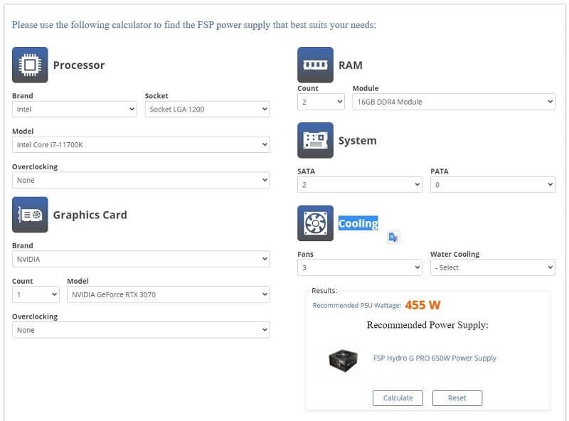 FSP calculator screenshot - Cooling and results