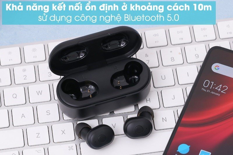 Tai nghe Bluetooth True Wireless Mozard DS635-WB Đen với hộp sạc nhựa nhám cứng cáp, kết nối Bluetooth 5.0 ổn định.