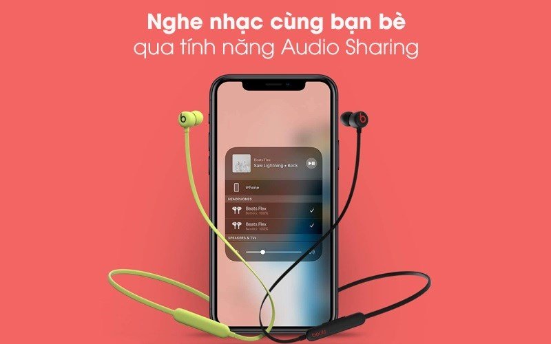 Tai nghe Bluetooth Beats Flex MYMC2/MYMD2 có hai phiên bản màu đen và vàng, thiết kế gọn nhẹ, công nghệ từ tính chống rối dây.