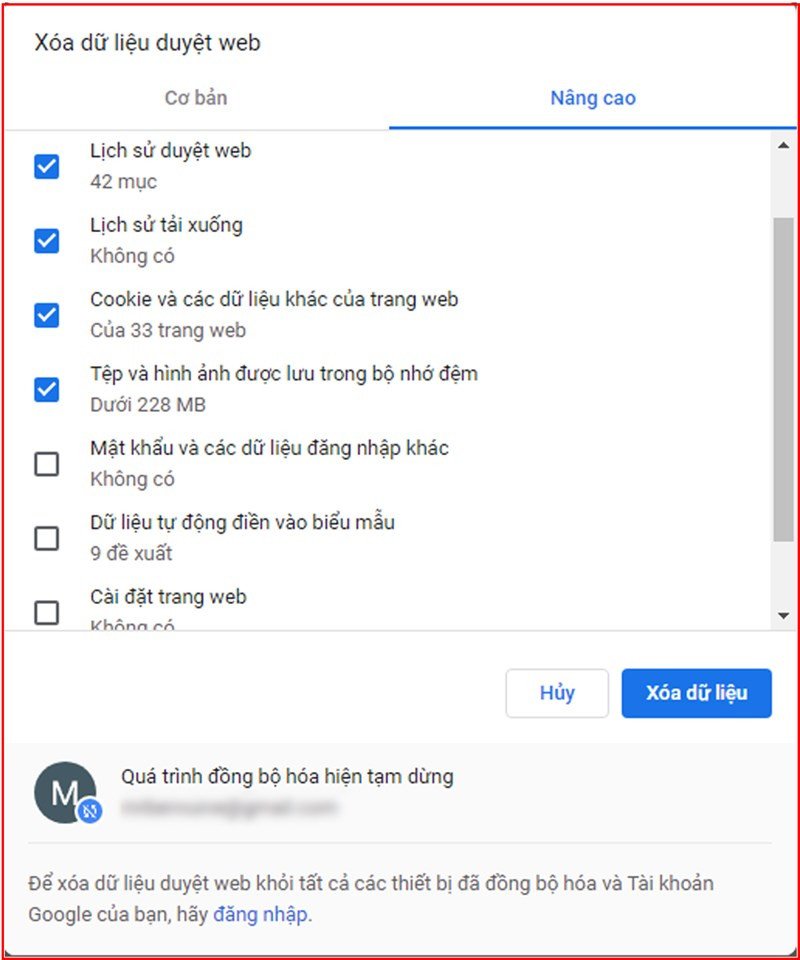 Tùy chọn nâng cao khi xóa dữ liệu duyệt web trên Chrome