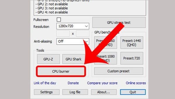 Chọn CPU burner trong FurMark