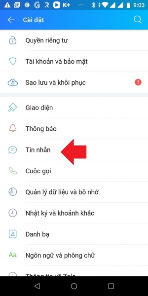 Chọn mục Tin nhắn trong cài đặt Zalo