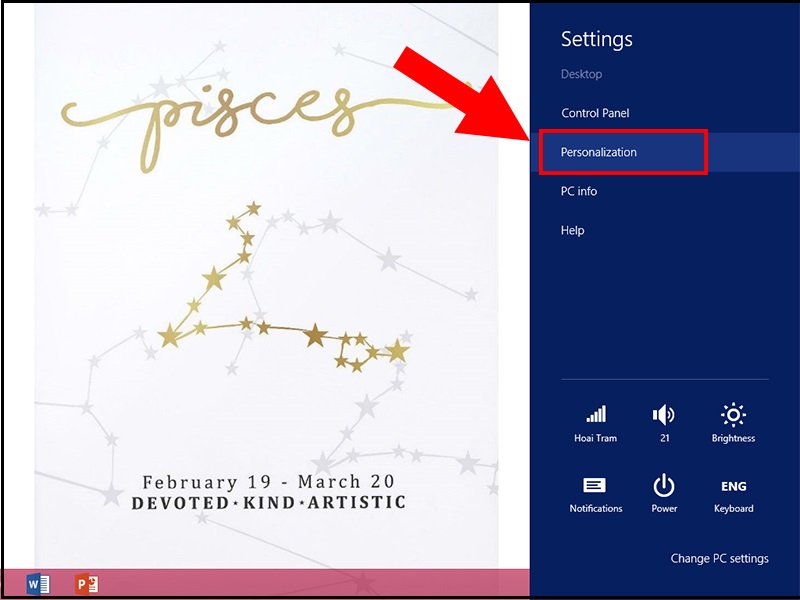 Lựa chọn Personalization trong Settings để tùy chỉnh hình nền máy tính đơn giản trên Windows 8