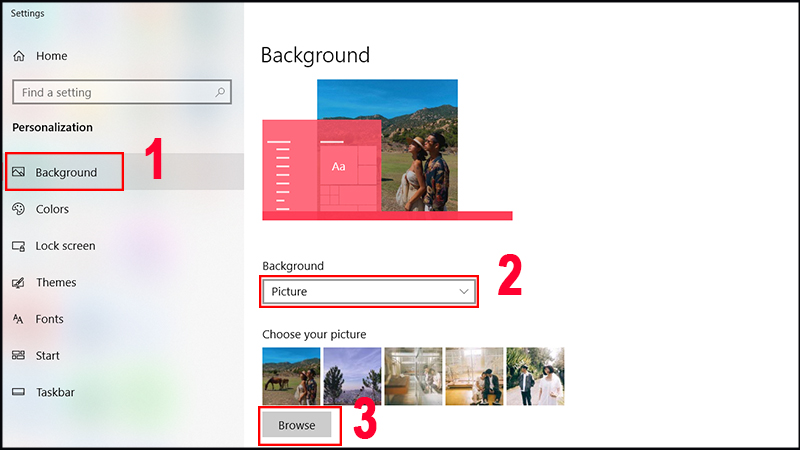 Lựa chọn hình ảnh cho hình nền máy tính đơn giản từ thư viện hoặc tải lên trên Windows 10