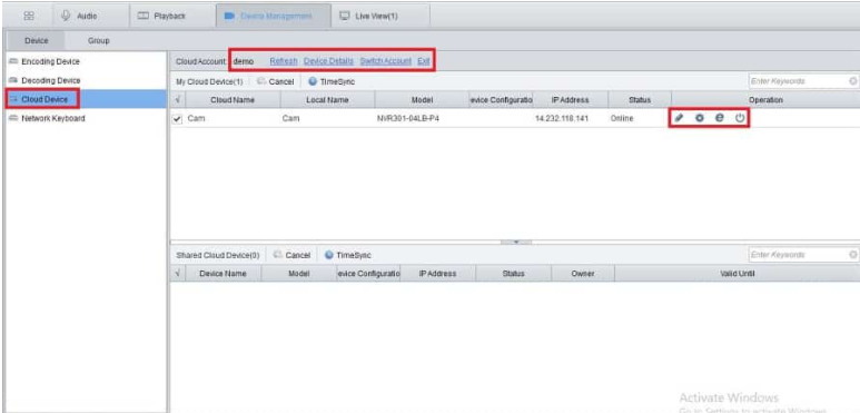 Giao diện quản lý thiết bị đám mây EZCloud trong EZStation, hiển thị trạng thái thiết bị và các tùy chọn quản lý