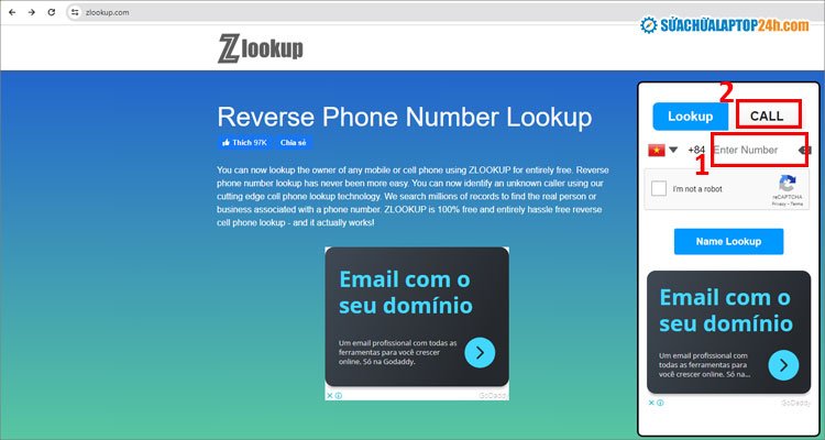 Nhập số điện thoại để gọi từ máy tính đến điện thoại qua Zlookup