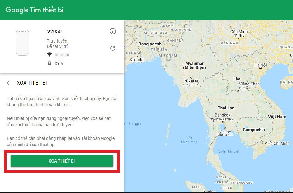 Xác nhận xóa thiết bị Android để reset bằng máy tính