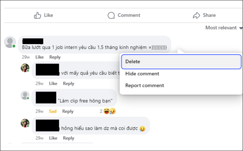 Chọn Xóa bình luận trên Facebook qua máy tính