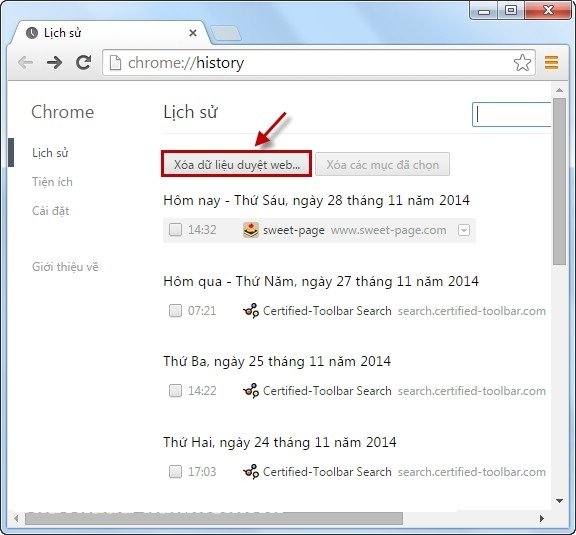 Tùy chọn xóa dữ liệu duyệt web trên máy tính