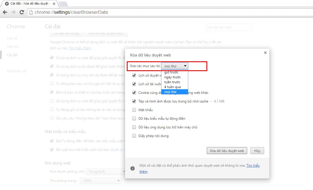 Phạm vi thời gian xóa dữ liệu trình duyệt trên máy tính