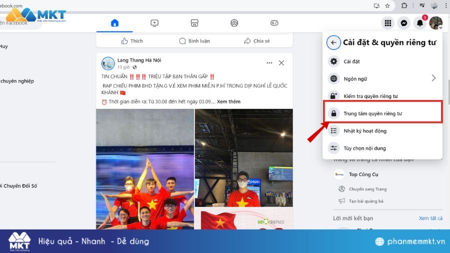 Chọn Trung tâm quyền riêng tư để xóa lịch sử đăng nhập Facebook trên máy tính