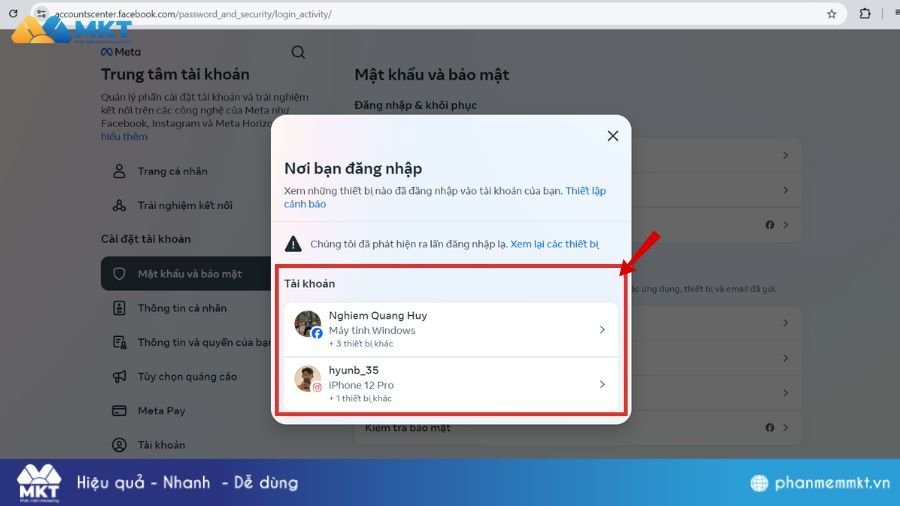 Chọn tài khoản để xóa lịch sử đăng nhập Facebook trên máy tính