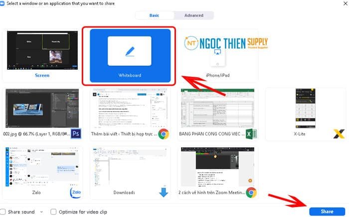Chọn Whiteboard để chia sẻ bảng trắng trên Zoom