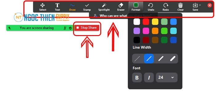 Các công cụ vẽ trên bảng trắng Zoom hỗ trợ hướng dẫn cách vẽ trên máy tính