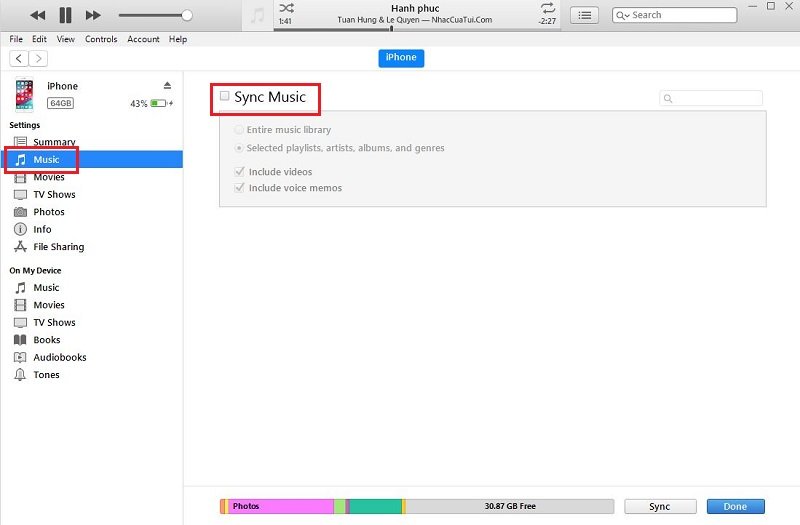 Chọn Music trong mục Settings rồi tích Sync Music để đồng bộ các bài hát từ máy tính vào iPad