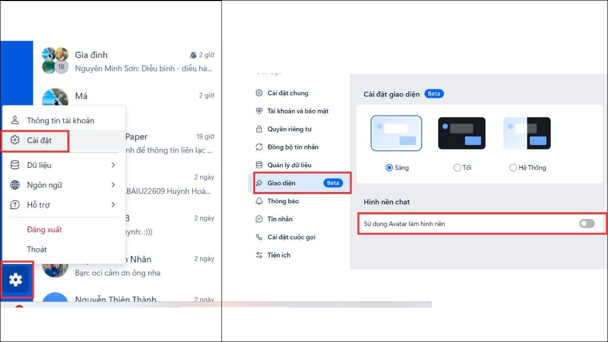 Vào giao diện để cài đặt avatar làm hình nền