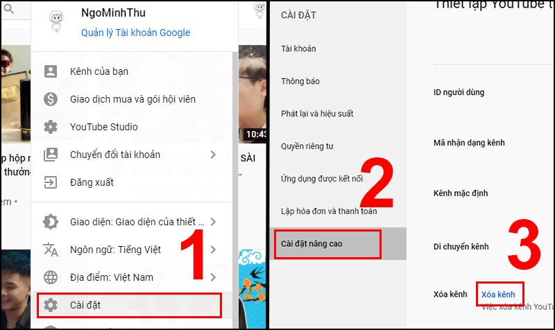 Cách xóa kênh YouTube trên máy tính: Truy cập cài đặt nâng cao.