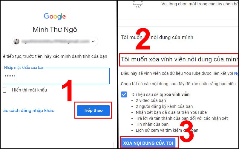 Cách xóa kênh YouTube trên máy tính: Nhập mật khẩu xác nhận.