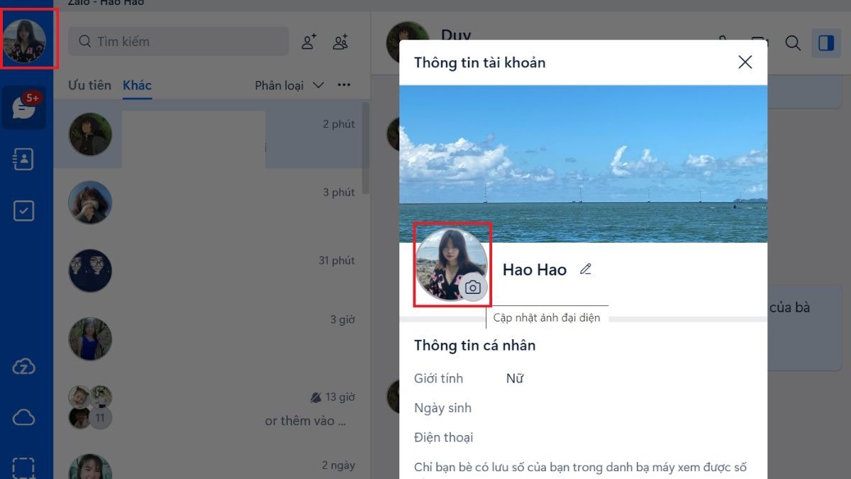 Truy cập trang cá nhân tại góc trên bên trái Zalo PC