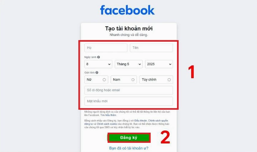 Đăng ký để gửi yêu cầu tạo tài khoản