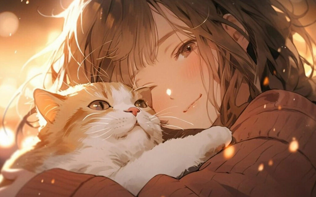 Hình nền cô gái ôm mèo cưng dưới ánh nắng vàng lấp lánh.