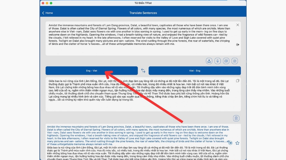 Minh họa chức năng dịch đoạn văn trên TFlat