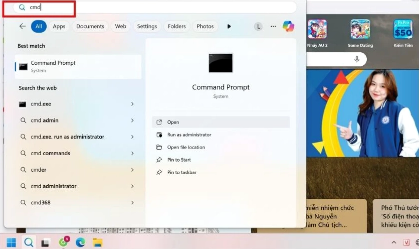 Tại menu Tìm kiếm ở thanh Taskbar, nhập cmd và nhấn Enter