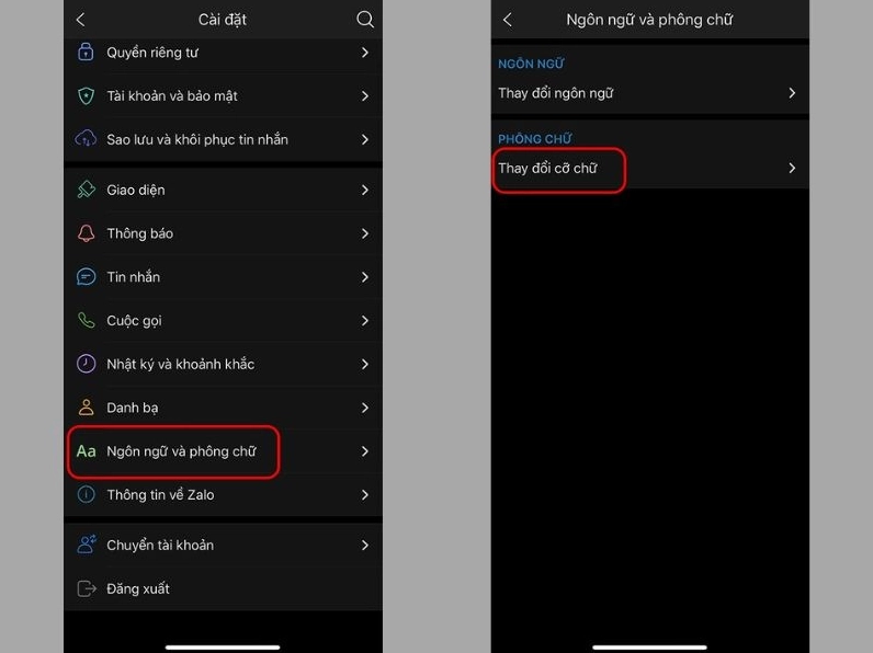 Tùy chọn ngôn ngữ và phông chữ trong cài đặt Zalo
