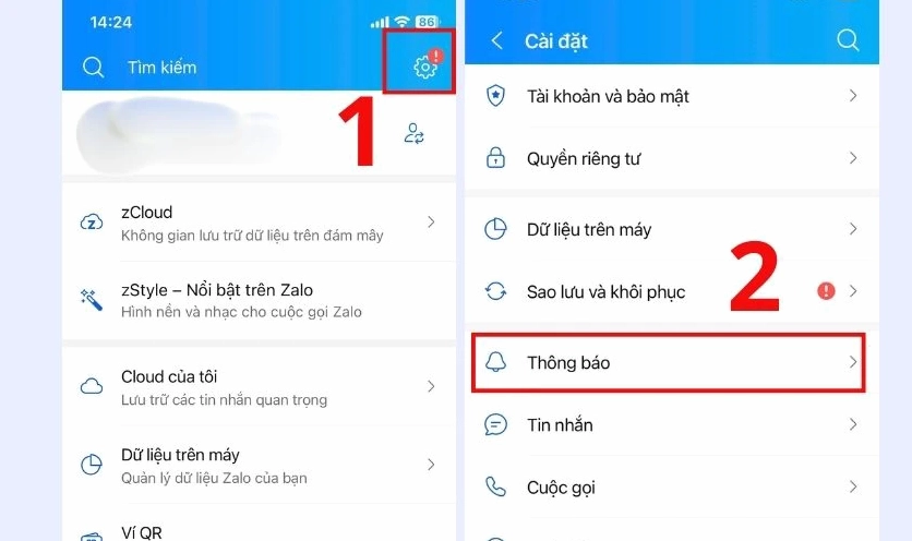 Vào mục Thông báo để thiết lập tùy chọn