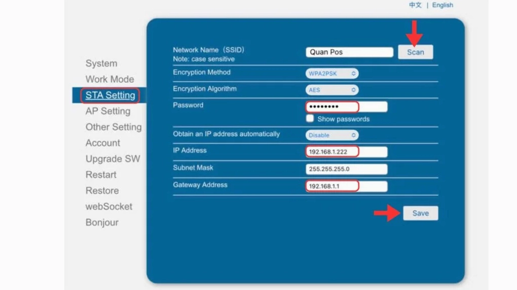 Khai báo thông tin wifi máy in K200w trên điện thoại