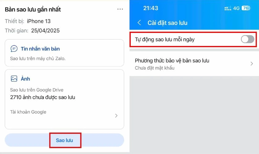 Nhấn Sao lưu hoặc bật tính năng Tự động sao lưu mỗi ngày