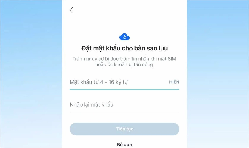 Nhập mật khẩu cho bản sao lưu và nhấn Tiếp tục để hoàn tất