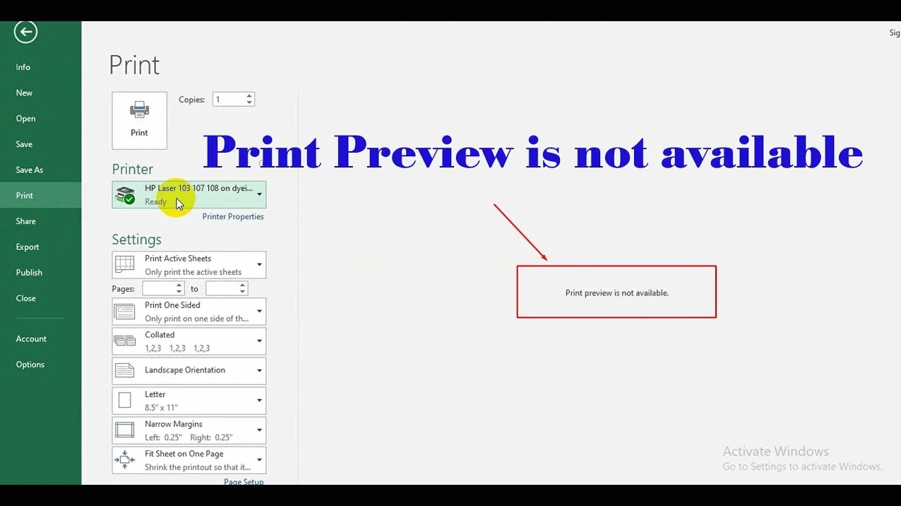 Thông báo 'Print Preview is not available Because Microsoft Excel' gây cản trở công việc