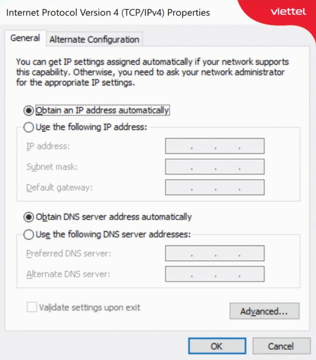 Tích chọn Obtain DNS server address