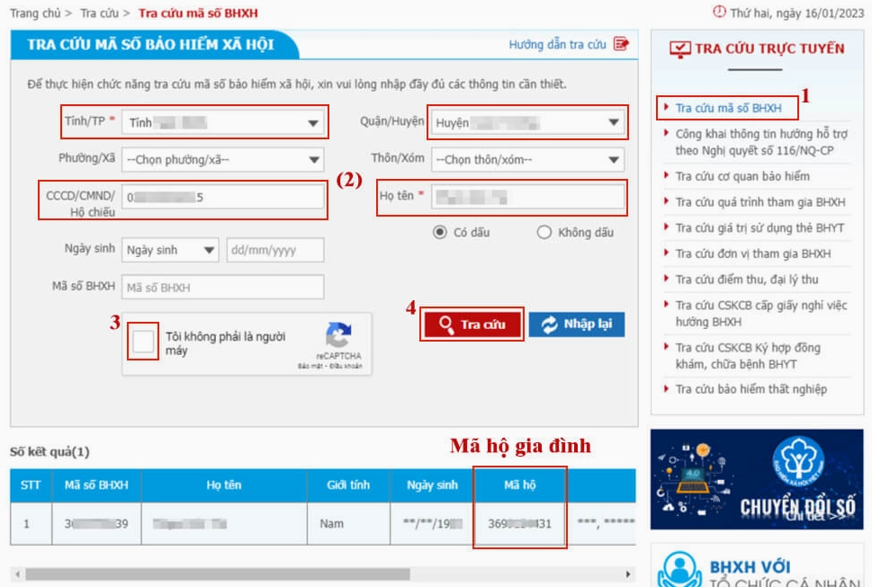 Các bước tra cứu mã hộ gia đình trực tuyến dùng CMND